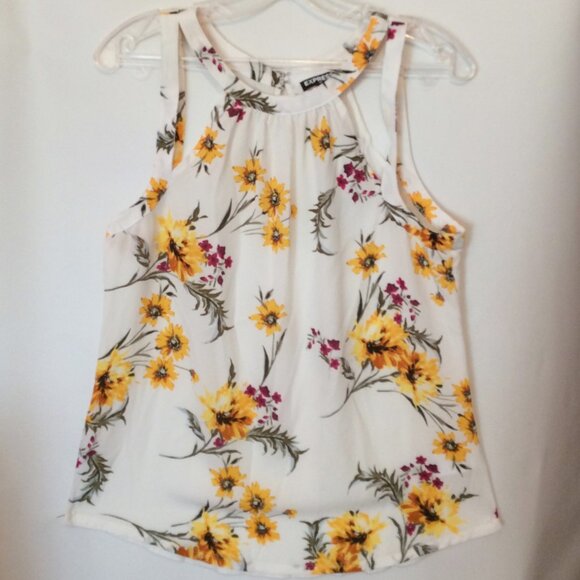 Tank Top EXPRESS White Yellow Purple Green Floral Sleeveless Cool Summer NWT - M - Picture 1 of 5